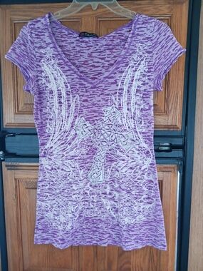 Purple V-Neck Short Sleeve Tee with White Wing Graphic